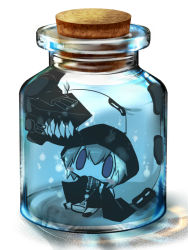 Rule 34 | 0 0, 10s, 1girl, abyssal ship, blush stickers, bottle, bottle meme (pixiv), chibi, goma (gomasamune), grey hair, hood, hooded jacket, in container, jacket, kantai collection, monster, pale skin, purple eyes, re-class battleship, short hair, sleeves past wrists, solo, submerged, tail, turret, water