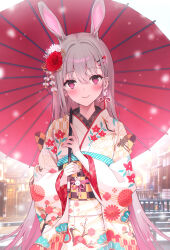 Rule 34 | 1girl, animal ears, back bow, blurry, blush, bow, building, checkered bow, checkered clothes, checkered sash, cityscape, closed mouth, commentary request, depth of field, ear piercing, earrings, extra ears, eyes visible through hair, floral print, flower, furisode, grey hair, hair behind ear, hair between eyes, hair flower, hair ornament, hairclip, highres, holding, holding umbrella, japanese clothes, jewelry, kimono, long hair, long sleeves, looking at viewer, obi, obiage, obijime, oil-paper umbrella, original, piercing, pink ribbon, print kimono, rabbit earrings, rabbit ears, rabbit girl, rangu, red eyes, red flower, red umbrella, ribbon, sash, smile, snowing, solo, stairs, tassel, tassel earrings, twitter username, umbrella, very long hair, white flower, white kimono