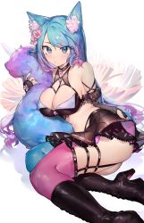 Rule 34 | 1girl, absurdres, animal ear fluff, animal ears, armpit crease, ass, bare shoulders, black choker, black footwear, black shirt, black skirt, blue eyes, blue hair, boots, breasts, choker, cleavage, closed mouth, crop top, elbow gloves, fingerless gloves, flower, fox ears, fox girl, fox tail, garter straps, gloves, gradient hair, grey gloves, hair flower, hair ornament, highres, hugging own tail, hugging tail, iridescent, knee boots, large breasts, large tail, long hair, looking at viewer, midriff, miniskirt, multicolored hair, nail polish, navel, neonbeat, pink thighhighs, revealing clothes, shirt, silvervale, silvervale (4th costume), simple background, skirt, sleeveless, sleeveless shirt, solo, stomach, tail, thighhighs, thighs, two-tone hair, virtual youtuber, vshojo, white background