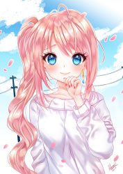 Rule 34 | 1girl, antenna hair, bad id, bad pixiv id, blue eyes, blue sky, closed mouth, cloud, collarbone, commentary, day, earrings, fingernails, jewelry, long hair, long sleeves, looking at viewer, nail polish, nami (nyaa), original, outdoors, petals, pink hair, power lines, red nails, side ponytail, sidelocks, sky, smile, solo, sweater, utility pole, very long hair, white sweater