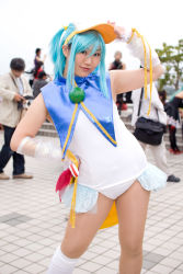 Rule 34 | 1girl, asian, blue hair, blurry, contrapposto, cosplay, depth of field, hand on own hip, highres, leotard, moetan, outdoors, pantyhose, pastel ink, pastel ink (cosplay), photo (medium), single thighhigh, solo focus, thighhighs, visor cap, white leotard, white thighhighs