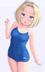 Rule 34 | 1girl, :d, aqua bow, blonde hair, blue eyes, blue one-piece swimsuit, blush, bow, breasts, collarbone, commentary, competition school swimsuit, covered navel, cowboy shot, forehead, hair bow, hair intakes, highres, long sleeves, looking at viewer, milk bar (sasaame), one-piece swimsuit, open mouth, original, sailor collar, sasaame, school swimsuit, signature, small breasts, smile, solo, swimsuit, swimsuit under clothes, twitter username, white sailor collar