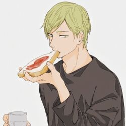 Rule 34 | 1boy, aged down, black shirt, blonde hair, bob cut, bread, bread slice, cup, food, food in mouth, green eyes, grey background, holding, holding cup, holding food, jujutsu kaisen, long sleeves, looking at viewer, male focus, mcm3b3, mouth hold, nanami kento, shirt, simple background, solo, toast, toast in mouth, upper body
