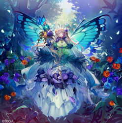 Rule 34 | 1girl, black gloves, blonde hair, blue butterfly, blue eyes, blue wings, breasts, bug, butterfly, butterfly wings, chestnut mouth, chunithm, cleavage, commentary request, copyright name, dress, elbow gloves, flower, full body, gloves, green dress, hair flower, hair ornament, headdress, highres, holding, holding staff, insect, insect wings, large breasts, long hair, looking at viewer, mebaru, official art, open mouth, orange flower, outdoors, purple flower, solo, staff, very long hair, wings