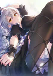Rule 34 | 1girl, arm up, azur lane, black dress, braid, breasts, dress, fishnets, hermione (azur lane), highres, imo bouya, lace, lace-trimmed legwear, lace trim, large breasts, long hair, looking at viewer, lying, on back, panties, puffy short sleeves, puffy sleeves, short sleeves, solo, thighhighs, underwear, white hair, white panties, wrist cuffs, yellow eyes