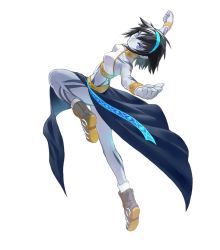 Rule 34 | 00s, 1girl, backless outfit, bare arms, bare legs, bare shoulders, black hair, black sarong, blue eyes, blue hairband, blue skin, celsius, celsius (tales), clenched hands, collar, colored skin, fighting stance, fujishima kousuke, full body, grey skin, hairband, leg up, legs, looking at viewer, looking back, midriff, official art, outstretched arms, sarong, serious, shoes, short hair, simple background, solo, tales of (series), tales of symphonia, tattoo, white background, wristband, yellow wristband