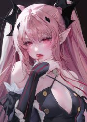 Rule 34 | 1girl, absurdres, ahoge, bare shoulders, blood, blush, eyelashes, fangs, hair ornament, highres, krul tepes, licking, licking finger, lips, long hair, looking at viewer, owari no seraph, pink hair, pointy ears, red eyes, simple background, sketch, solo, tongue, tongue out, twintails, uuzxw, vampire