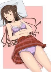 Rule 34 | 1girl, absurdres, bow, bow bra, bow panties, bra, breasts, brown hair, closed eyes, clothes lift, collarbone, commentary, crotch seam, facing viewer, female focus, frilled bra, frills, from above, half updo, highres, idolmaster, idolmaster cinderella girls, idolmaster cinderella girls starlight stage, k-ya., lace, lace-trimmed bra, lace-trimmed panties, lace trim, long hair, lying, medium breasts, miniskirt, no shirt, on back, open mouth, outside border, panties, parted lips, pillow, pink background, plaid, plaid skirt, pleated skirt, purple bra, purple panties, red skirt, shadow, shimamura uzuki, simple background, skirt, skirt lift, sleeping, solo, underwear