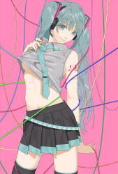 Rule 34 | 1girl, bad id, bad pixiv id, cable, green eyes, green hair, hatsune miku, headset, highres, kosagi midori, long hair, matching hair/eyes, navel, necktie, pink background, skirt, smile, solo, thighhighs, twintails, vocaloid