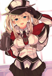 Rule 34 | 1girl, adjusting clothes, adjusting headwear, anchor, aqua eyes, black gloves, blonde hair, breasts, capelet, celtic knot, coffee pot, cross, gloves, gradient background, graf zeppelin (kancolle), green eyes, hair between eyes, hat, highres, indoors, iron cross, kantai collection, long hair, long sleeves, looking at viewer, medium breasts, military, military hat, military uniform, miniskirt, mizuyoukan (mikususannda), necktie, open mouth, pantyhose, peaked cap, sidelocks, skirt, smile, solo, standing, twintails, uniform, white hat, window, yellow background