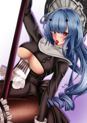 Rule 34 | + +, 1girl, absurdres, azur lane, black dress, blue hair, breasts, brown pantyhose, card, clothing cutout, dress, forked tongue, gan-metal, gradient background, highres, holding, holding pole, large breasts, long hair, looking at viewer, marco polo (azur lane), marco polo (the queen of hearts) (azur lane), official alternate costume, pantyhose, playing card, pole, pole dancing, purple background, red eyes, simple background, solo, stripper pole, tongue, tongue out, underboob, underboob cutout, very long hair, white background