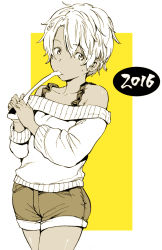 Rule 34 | 10s, 1girl, 2016, eating, food, looking at viewer, mochi, mogg, monochrome, new year, nori (seaweed), off-shoulder, off-shoulder sweater, short hair, shorts, simple background, solo, sweater, wagashi