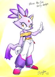 Rule 34 | 1girl, animal ears, baggy pants, blaze the cat, cat ears, cat girl, cat tail, forehead jewel, furry, furry female, gloves, j-fujita, looking at viewer, pants, parted lips, pink footwear, ponytail, purple fur, smile, sonic (series), tail, white gloves, yellow eyes