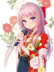 Rule 34 | 1girl, blush, bow, commentary request, floral print, hair bow, himehina channel, holding, holding microphone, japanese clothes, kimono, long hair, looking at viewer, microphone, nullken, pink hair, purple eyes, red bow, red kimono, smile, solo, tanaka hime, virtual youtuber