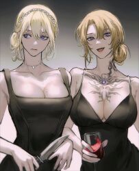 Rule 34 | 2girls, alcohol, bare shoulders, black dress, blonde hair, breasts, chest tattoo, cleavage, closed mouth, collarbone, commentary, cup, dress, drinking glass, earrings, eyelashes, fang, gem, genderswap, genderswap (mtf), gradient background, grey background, hair between eyes, hair bun, hair ornament, hairband, hairclip, heart, heart necklace, highres, holding, holding cup, holding knife, hoop earrings, jewelry, knife, large breasts, looking at viewer, looking away, luca kaneshiro, mole, mole on breast, mole on neck, multiple girls, multiple moles, necklace, nijisanji, nijisanji en, open mouth, parted bangs, pearl (pe4rrrrrl), purple eyes, purple gemstone, sidelocks, simple background, single hair bun, skin fang, sleeveless, sleeveless dress, smile, sonny brisko, tattoo, virtual youtuber, wine, wine glass