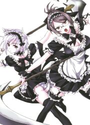 Rule 34 | 2girls, animal ears, apron, breasts, cat ears, cleavage, frilled apron, frills, garter belt, glasses, highres, holding, holding scythe, large breasts, maid, maid apron, maid headdress, meena (queen&#039;s blade), mime (queen&#039;s blade), monster girl, multiple girls, queen&#039;s blade, queen&#039;s blade rebellion, scythe, small breasts, thighhighs, white background