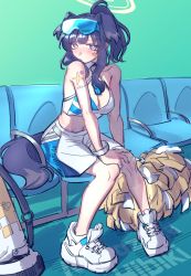 Rule 34 | 1girl, absurdres, animal ears, black hair, blue archive, blue eyes, blush, breasts, bright pupils, cheerleader, cleavage, commentary request, dog ears, dog girl, dog tail, eyewear on head, halo, hibiki (blue archive), hibiki (cheer squad) (blue archive), highres, hobgoblin-kim, medium breasts, millennium cheerleader outfit (blue archive), pom pom (cheerleading), ponytail, sitting, solo, star (symbol), sticker on face, tail, white pupils