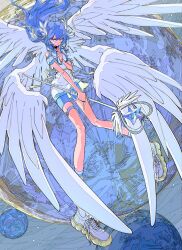 Rule 34 | 1girl, :3, absurdres, bare shoulders, black choker, blue eyes, blue hair, blue shorts, blue trim, bracelet, choker, closed mouth, clothing cutout, dress, feathered wings, fingernails, hand up, head wings, heart, highres, holding, holding staff, jewelry, long hair, long legs, magical girl, multiple rings, multiple wings, nail polish, original, planet, ring, shoelaces, shoes, short sleeves, shorts, shorts under dress, shoulder cutout, smile, sneakers, socks, solo, staff, star (symbol), thigh strap, white dress, white footwear, white socks, white wings, wings, yellow nails, yosh1to