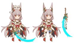 Rule 34 | &gt;:), 1girl, animal ear fluff, animal ears, blush, boots, brown eyes, cat ears, chibi, closed mouth, commentary request, facial mark, gloves, grey hair, highres, holding, holding sword, holding weapon, leotard, long hair, multiple views, nia (xenoblade), red footwear, simple background, smile, spiked boots, sword, thighhighs, thighhighs under boots, v-shaped eyebrows, very long hair, weapon, white background, white gloves, white leotard, white thighhighs, xenoblade chronicles (series), xenoblade chronicles 2, yoruusagi