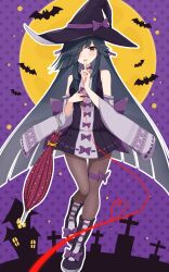 1girl alternate_costume bat_(animal) black_dress black_footwear black_hair black_hat black_pantyhose boots brown_eyes closed_umbrella cross-laced_footwear detached_sleeves dress finger_to_mouth full_body full_moon graveyard hair_over_one_eye halloween_costume hat hayashimo_(kancolle) highres kantai_collection lace-up_boots moon otobi pantyhose polka_dot polka_dot_background pov silhouette sleeveless sleeveless_dress solo string string_of_fate umbrella witch_hat