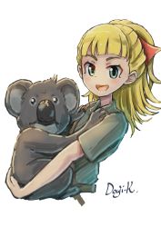 Rule 34 | 1girl, animal, artist name, belt, blonde hair, blunt bangs, clinging, collared shirt, commentary, cropped torso, formal, girls und panzer, green eyes, green suit, hair ribbon, highres, holding, holding animal, koala, koala forest military uniform, kuroneko douji, looking at viewer, medium hair, open mouth, ponytail, red ribbon, ribbon, sam browne belt, shirt, signature, simple background, sketch, smile, solo, standing, suit, upper body, wallaby (girls und panzer), white background