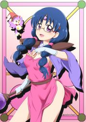 Rule 34 | 1girl, :d, absurdres, blue hair, breasts, card, cleavage, contrapposto, cosplay request, cowboy shot, dress, fingerless gloves, gloves, go! princess precure, grey-framed eyewear, hat, highres, holding, holding card, holding staff, long hair, looking at viewer, medium breasts, nanase yui, nita (onakatohoppe), open mouth, pink dress, precure, red hat, semi-rimless eyewear, short dress, side slit, sleeveless, sleeveless dress, smile, solo, staff, standing, strapless, strapless dress, under-rim eyewear, white gloves, wide sleeves, witch hat
