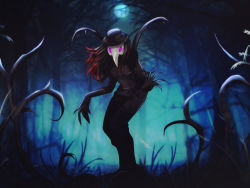 Rule 34 | coppelius, dream demon(race), dyed hair, esther shen, forest, highres, moonlight, nature, plague doctor, plague doctor mask, purple eyes, red hair, the donnerwald experiment, top hat, wings