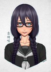 Rule 34 | 1girl, absurdres, artist name, text background, black hair, blue eyes, braid, collarbone, commentary, emergence (shindol), english commentary, eyebrows, glasses, hair over shoulder, happy, highres, lips, looking at viewer, parted bangs, ryumikooo, sailor collar, school uniform, serafuku, simple background, smile, teeth, translation request, twin braids, white background, yoshida saki