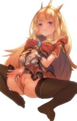 Rule 34 | 10s, 1girl, :3, aos, black thighhighs, blonde hair, blush, bracelet, cagliostro (granblue fantasy), cleft of venus, clothes lift, clothing aside, crown, feet, granblue fantasy, jewelry, long hair, looking at viewer, no shoes, panties, panties aside, purple eyes, pussy, simple background, skirt, skirt lift, smile, solo, spread legs, thighhighs, uncensored, underwear, white background