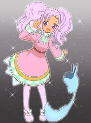 Rule 34 | 1girl, blush, dark skin, dress, highres, long hair, meredy (tales), open mouth, pantyhose, pink eyes, purple eyes, quickie (tales), shoes, tales of (series), tales of eternia, twintails