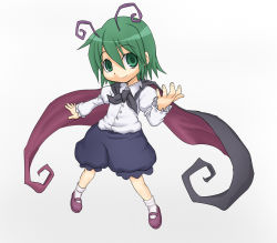 Rule 34 | 1girl, antennae, black shorts, buttons, cape, collared shirt, female focus, full body, gradient background, green eyes, green hair, juliet sleeves, kuro suto sukii, long sleeves, looking at viewer, mary janes, matching hair/eyes, puffy shorts, puffy sleeves, red footwear, shirt, shoes, short hair, shorts, simple background, smile, socks, solo, touhou, white background, white shirt, wriggle nightbug
