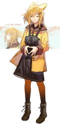 Rule 34 | 1girl, alternate costume, animal ears, arknights, backpack, bag, blonde hair, boots, coat, dated, english text, closed eyes, hair ornament, hairclip, happy birthday, highres, kroos (arknights), pantyhose, rabbit ears, rabbit girl, short hair, skirt, smile, solo, white background, xiayehongming