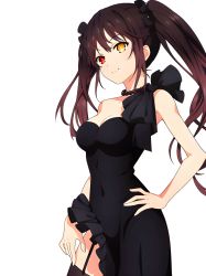 Rule 34 | 1girl, bare shoulders, black dress, black hair, black ribbon, black thighhighs, breasts, clock eyes, collarbone, covered navel, date a live, dress, garter straps, hair ribbon, hand on own hip, highres, large breasts, long hair, official art, red eyes, ribbon, simple background, smile, symbol-shaped pupils, thighhighs, thighs, tokisaki kurumi, twintails, white background, yellow eyes