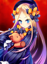 Rule 34 | 1girl, abigail williams (fate), absurdres, black bow, black dress, black hat, blonde hair, blue eyes, blush, bow, commentary request, dress, edamame senpai, fate/grand order, fate (series), forehead, hair bow, hands in opposite sleeves, hat, highres, hugging object, long hair, long sleeves, looking at viewer, orange bow, parted bangs, parted lips, polka dot, polka dot bow, red background, simple background, solo, stuffed animal, stuffed toy, teddy bear, v-shaped eyebrows, very long hair
