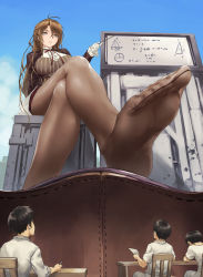Rule 34 | 1girl, 3boys, absurdres, billboard, blue eyes, brown corset, brown hair, brown jacket, brown pantyhose, classroom, corset, crossed legs, feet, giant, giantess, girls&#039; frontline, gloves, highres, jacket, lee-enfield (girls&#039; frontline), lee-enfield (huntress&#039; frock) (girls&#039; frontline), long hair, long sleeves, multiple boys, official alternate costume, outdoors, pantyhose, parted lips, pointer, shirt, shoes, unworn shoes, sitting, size difference, teaching, teston, white gloves, white shirt