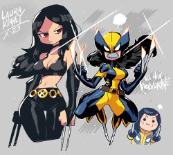 Rule 34 | 1girl, :3, abs, absurdres, animification, armpits, bare shoulders, belt, belt buckle, black belt, black choker, black footwear, black gloves, black hair, black pants, black sports bra, blue bodysuit, blue eyes, blue footwear, blue gloves, bodysuit, boots, breasts, brown eyes, buckle, character name, chibi, choker, claws, clenched hands, closed mouth, cosplay, covered collarbone, cropped legs, elbow gloves, fighting stance, fingerless gloves, floating hair, full body, gloves, glowing, glowing eyes, grey background, half mask, hand up, high heel boots, high heels, highres, jacket, knee boots, laura kinney, leg up, logo, long hair, looking afar, looking to the side, marvel, mask, medium breasts, middle finger, midriff, navel, official alternate costume, pants, parted bangs, rariatto (ganguri), red eyes, shoulder pads, simple background, smile, solo, sports bra, standing, superhero costume, teeth, thighs, tiptoes, weapon, white background, wolverine, wolverine (cosplay), x-23, x-men, yellow bodysuit, yellow jacket