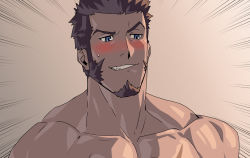 Rule 34 | 1boy, bara, blue eyes, blush, brown hair, completely nude, facial hair, fate/grand order, fate (series), goatee, long sideburns, male focus, mature male, monmonhomon, muscular, muscular male, napoleon bonaparte (fate), naughty face, nude, pectorals, portrait, raised eyebrow, short hair, sideburns, solo, upper body
