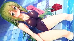 Rule 34 | 1girl, ahoge, aristear remain, arm support, astronauts, astronauts comet, blush, closed mouth, collarbone, competition swimsuit, covered navel, eyebrows, female focus, game cg, green eyes, green hair, ichinose anzu, kokusan moyashi, long hair, looking at viewer, matching hair/eyes, one-piece swimsuit, pool, rozea, solo, spread legs, swimsuit, towel, very long hair, wading, water, wet