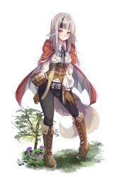 Rule 34 | 1girl, animal ears, belt, belt buckle, belt pouch, black hair, black pants, boots, breasts, brown belt, brown corset, brown footwear, brown gloves, buckle, cape, corset, cross-laced footwear, fire emblem, fire emblem fates, fold-over boots, full body, fuussu (21-kazin), gloves, grey hair, grey tail, hood, hood down, hooded cape, lace-up boots, long hair, long sleeves, medium breasts, multicolored hair, neck ribbon, nintendo, pants, pouch, red eyes, ribbon, shirt, solo, streaked hair, tail, two-tone hair, velouria (fire emblem), white shirt, wolf ears, wolf girl, wolf tail