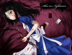 Rule 34 | 1girl, alice: madness returns, alice (alice in wonderland), alice in wonderland, alice liddell (american mcgee&#039;s alice), american mcgee&#039;s alice, american mcgee's alice, black hair, blood, dress, female focus, gradient background, green eyes, knife, shimo (depthbomb), solo