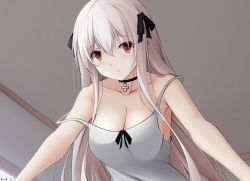 Rule 34 | 1girl, blush, breasts, choker, collarbone, cross, cross necklace, girls&#039; frontline, hair ribbon, highres, jewelry, kar98k (girls&#039; frontline), keenh, long hair, looking at viewer, medium breasts, necklace, red eyes, ribbon, shirt, silver hair, simple background, solo, white shirt