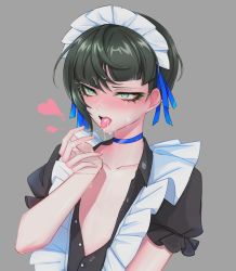Rule 34 | 0 0c0ff, 1boy, androgynous, apron, asymmetrical bangs, black shirt, blue ribbon, blush, choker, collarbone, cum, cum in mouth, cum on male, cum on hair, cum on hands, cum on tongue, eyelashes, facial, flat chest, frilled apron, frilled sleeves, frills, green eyes, grey background, hair ribbon, hand up, looking to the side, maid headdress, male focus, partially unbuttoned, protagonist (smtv), ribbon, shadow, shin megami tensei, shin megami tensei v, shiny skin, shirt, short sleeves, simple background, single sidelock, solo, tongue, tongue out, trap, upper body, yaoi