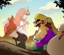Rule 34 | 1boy, 1girl, :d, bag, black cat, blouse, brown hair, cat, cloud, commentary, crown, dress, earrings, english commentary, facial hair, from behind, gloves, gradient sky, hoshi (star-name2000), jewelry, long hair, mario (series), mountain, mustache, nintendo, open mouth, outdoors, overalls, pink dress, pointy ears, princess shokora, purple overalls, red hair, shirt, short hair, short sleeves, sky, smile, wario, wario land, wario land 4, white gloves, yellow headwear, yellow shirt