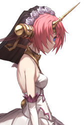 Rule 34 | 1girl, bare shoulders, blue eyes, breasts, closed mouth, dress, elbow gloves, expressionless, famepeera, fate/apocrypha, fate (series), frankenstein&#039;s monster (fate), glint, gloves, hair over one eye, highres, horns, looking at viewer, parted bangs, pink hair, short hair, simple background, single horn, small breasts, solo, upper body, veil, white background, white dress, white gloves