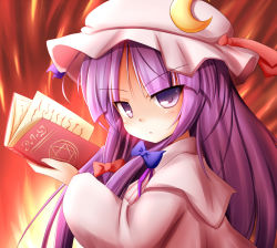 Rule 34 | 1girl, baku-p, book, bow, crescent, dress, face, female focus, frown, hair bow, hair ribbon, hat, hexagram, long hair, open book, patchouli knowledge, purple eyes, purple hair, ribbon, solo, staring, touhou