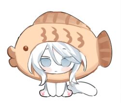 Rule 34 | 1girl, animal hands, blue eyes, cat tail, chibi, closed mouth, faust (project moon), food, limbus company, looking at viewer, nishiirei9522, project moon, short hair, simple background, sitting, solo, tail, taiyaki, wagashi, white background, white hair