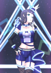 Rule 34 | 1girl, absurdres, aqua belt, artist name, artist request, asaka karin, bare shoulders, belt, black gloves, black legwear, black sky, black sleeves, blue belt, blue bow, blue camisole, blue detached collar, blue eyes, blue hair, blue hat, blue pants, blue shirt, blue shorts, blue tank top, blue wrist cuffs, blush, bow, bowtie, breasts, bridal gauntlets, buttons, camisole, cleavage, cloud, collarbone, crop top, dark blue hair, detached collar, detached sleeves, earrings, elbow sleeve, feathers, female focus, fingerless gloves, fishnet legwear, fishnets, gloves, hand on own hip, hat, hat feather, highres, jewelry, light beam, light rays, looking at viewer, love live!, love live! nijigasaki high school idol club, love live! school idol festival, medium breasts, medium hair, midriff, mini hat, mini top hat, mole, mole on body, mole on breast, outdoors, pants, parted lips, shirt, short hair, shorts, single bare shoulder, single sleeve, sky, sleeveless, smile, solo, stage, stage lights, star (sky), star (symbol), star earrings, tank top, thigh strap, top hat, vivid world (love live!), white feathers, wing collar, wrist cuffs