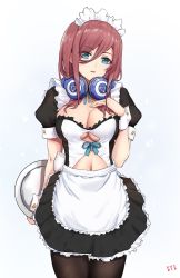 Rule 34 | 1girl, alternate costume, apron, arm behind back, blue eyes, breasts, brown hair, cleavage, cleavage cutout, clothing cutout, commentary request, cyicheng, dress, go-toubun no hanayome, hair between eyes, hand on own chest, headphones, headphones around neck, holding, holding tray, large breasts, long hair, looking at viewer, maid, maid apron, maid headdress, nakano miku, navel, navel cutout, pantyhose, parted lips, solo, standing, tray