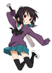 Rule 34 | 1girl, a channel, baseball bat, black hair, ichii tooru, jumping, official art, open mouth, red eyes, school uniform, shoes, short hair, simple background, skirt, sleeves past fingers, sleeves past wrists, solo, sweater, thighhighs, white background