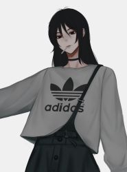 Rule 34 | 1girl, adidas, arm up, black hair, black neckwear, buttons, cigarette, eyebrows, green pants, grey shirt, highres, lips, looking at viewer, neckwear request, original, overalls, pants, shirt, simple background, white background, zaki (zaki btw)